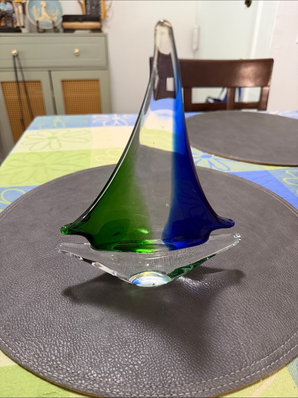 Handblown Glass Sailboat Sculpture in Blue and Green